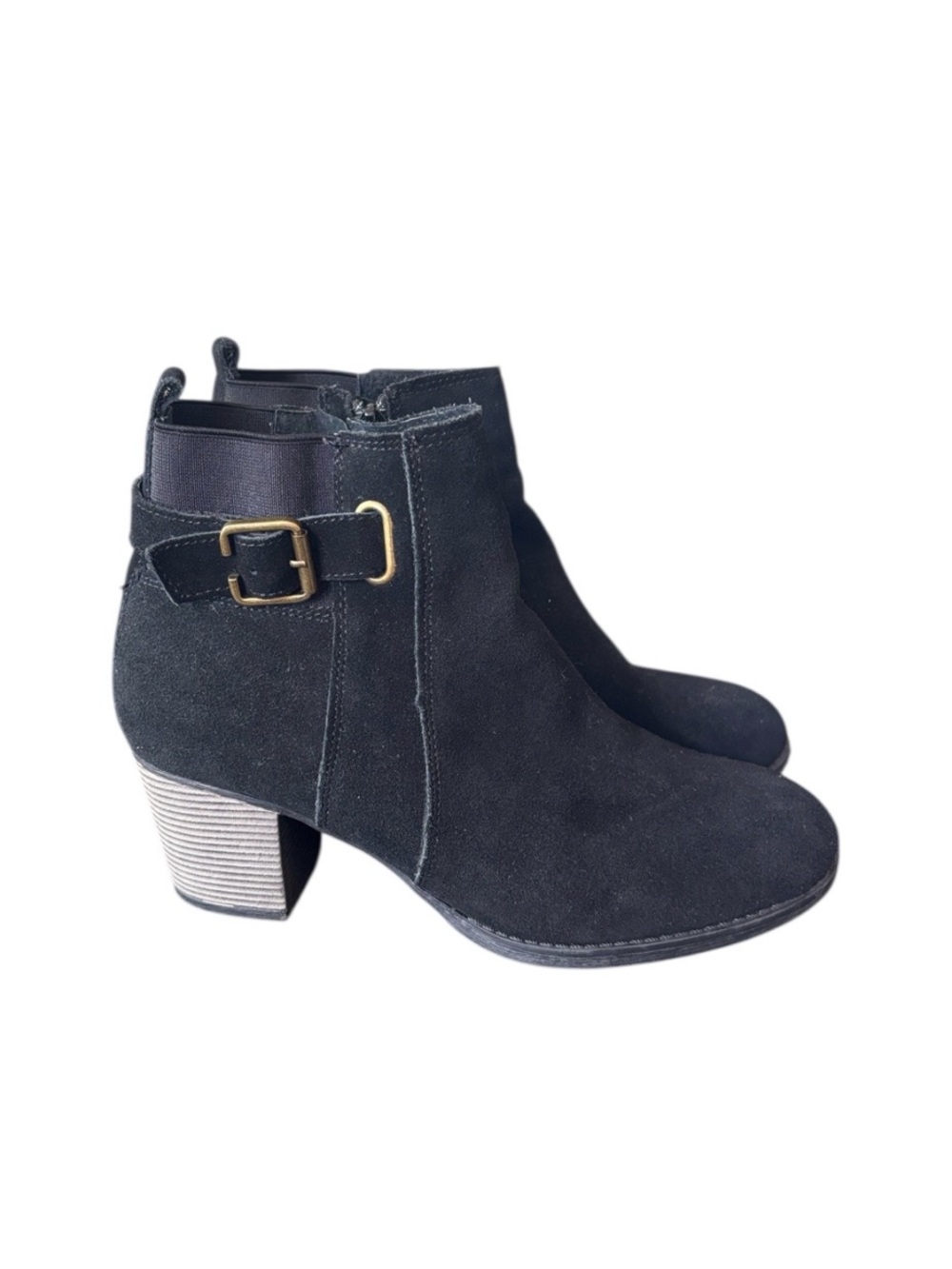 Skechers Taxi Black Suede Ankle Brass Buckle Boots Size 8